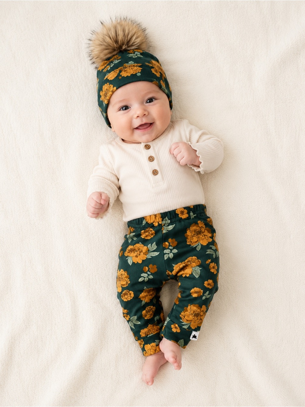 Little & Lively 0-3m Set Green Floral Baby Pants in ‘Secret Garden’ with Pom Hat